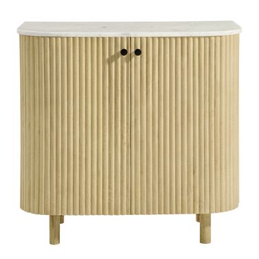Caldera 33 Inch Curved Solid Wood and Marble Accent Storage Cabinet In Natural