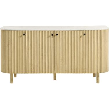 Caldera 60 Inch Curved Solid Wood and Marble Sideboard Storage Cabinet In Natural