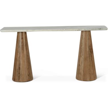 Caldera Console Table In White Travertine with Light Oak Base