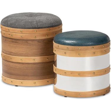 Caleb Modern and Contemporary Glam Grey Fabric and Blue Alligator Faux Leather Upholstered 2-Piece Wood and Metal Storage Ottoman Set