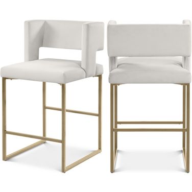 Caleb Velvet Counter Stool Set of 2 In Cream/Brushed Gold