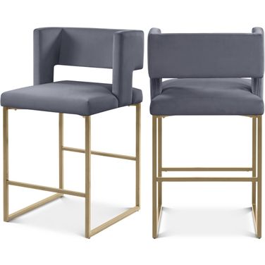 Caleb Velvet Counter Stool Set of 2 In Grey/Brushed Gold