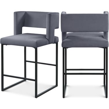 Caleb Velvet Counter Stool Set of 2 In Grey/Matte Black