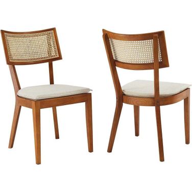 Caledonia Fabric Upholstered Wood Dining Chair Set of 2 In Walnut and Beige