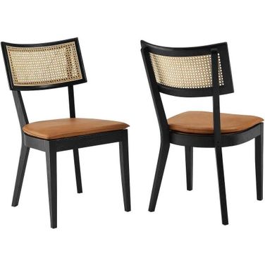 Caledonia Vegan Leather Upholstered Wood Dining Chair Set of 2 In Black and Tan