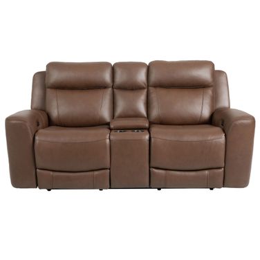 Calgary Power Reclining Console Loveseat with Power Headrest In Autumn Umber