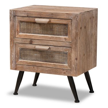 Calida Whitewashed Wood and Rattan 2 Drawer End Table In Natural Brown and Black