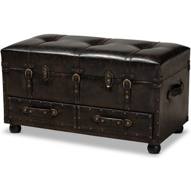 Callum Modern Transitional Distressed Dark Brown Faux Leather Upholstered 2-Drawer Storage Trunk Ottoman