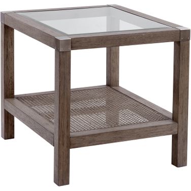 Calum Square End Table In Driftwood Grey and Cane Brushed Nickel