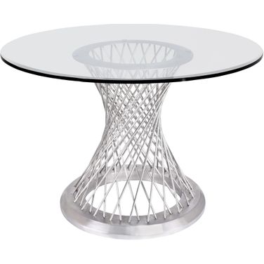Calypso Contemporary Dining Table In Brushed Stainless Steel with Clear Tempered Glass Top