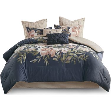 Camillia Cotton Printed 8 Piece California King Comforter Set In Navy