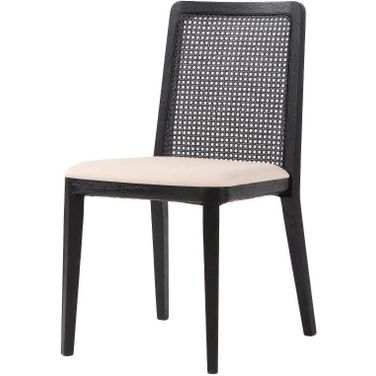 Cane Dining Chair Set of 2 In Oyster Linen And Black Legs