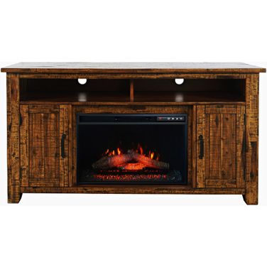 Cannon Valley 60 Inch Storage Console TV Stand with Electric Fireplace In Distressed Brown