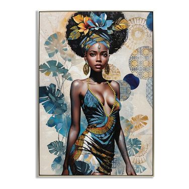 Captivating Elegant Portrait of African Woman in V-Neck Dress Canvas Wall Art In Multi