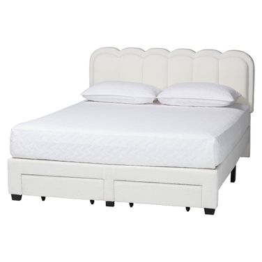 Caradonna Teddy-Bear Fabric Queen Bed with Storage Drawers In Cream and Black