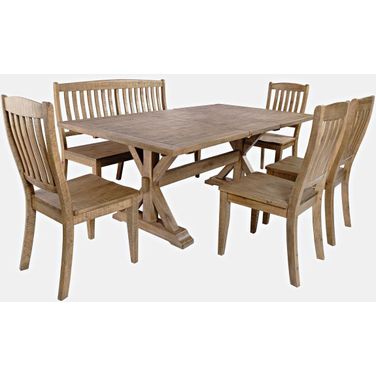Carlyle Crossing 78 Inch 6 Piece Dining Room Set with Bench and Slat Chairs In Medium Brown