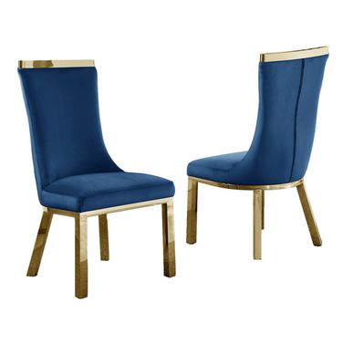 Carolina Upholstered Dining Chairs Set of 2 In Navy Blue Velvet and Gold Stainless Steel