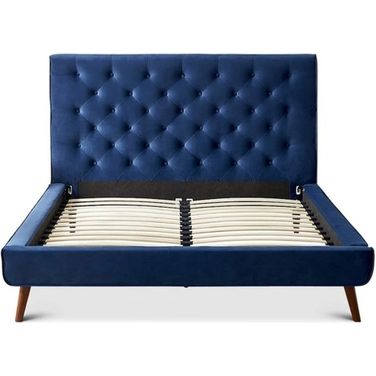 Caroline Queen Navy Blue Velvet Platform Bed