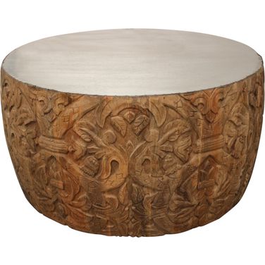 Carter Cruz Zinc Top On Hand-Carved Solid Wood Base Cocktail Table In White Wash