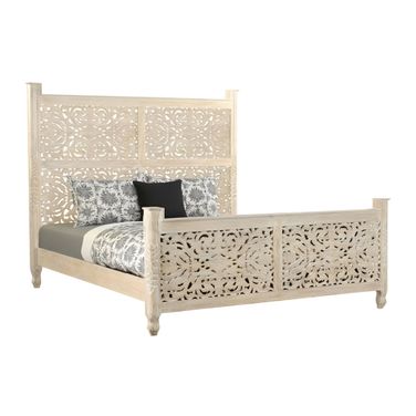 Carved Floral Distressed Solid Wood King Bed Frame In White