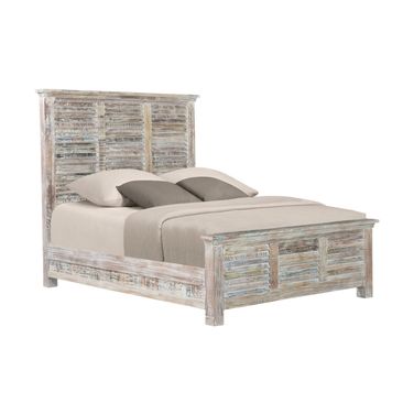 Carved Geometric Distressed Reclaimed Wood Queen Bed Frame In White