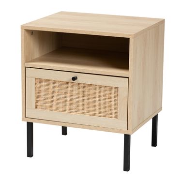 Caterina Wood and Natural Rattan 1 Door End Table In Natural Brown and Black