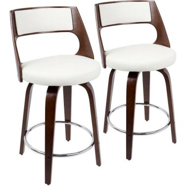 Cecina Mid-Century Modern Counter Stool With Swivel In Cherry And White Faux Leather - Set Of 2
