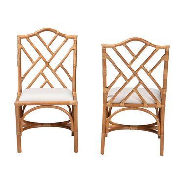 Cedric Natural Rattan Dining Chair Set of 2 with Cushioned Seat In Light Honey and White