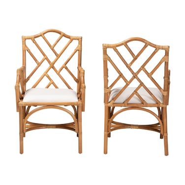 Cedric Natural Rattan Dining Chair Set of 2 with Cushioned Seat In Light Honey and White