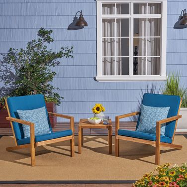 Celestaria 3-Piece Outdoor Chat Set with Adirondack Chairs, Cushions and Side Table In Brown