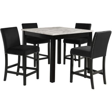 Celeste Espresso 5 Piece Marble 42 Inch Counter Height Dining Set With Black Chairs