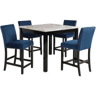 Celeste Espresso 5 Piece Marble 42 Inch Counter Height Dining Set With Blue Chairs