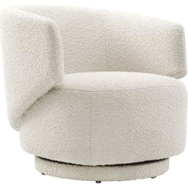 Celestia Boucle Fabric and Wood Swivel Chair In Ivory