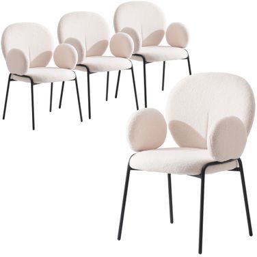 Celestial Series Boucle Dining Arm Chair Set of 4 In Black Frame with White Fabric