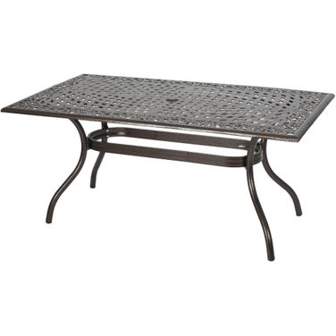 Celestine Outdoor Cast Aluminum Dining Table with Floral Lattice Design and Umbrella Holder In Bronze