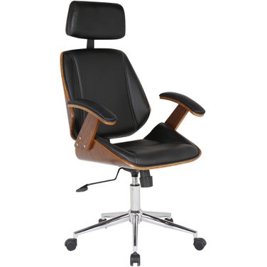 Century Office Chair with Multifunctional Mechanism In Chrome Finish with Black Faux Leather and Walnut Veneer Back