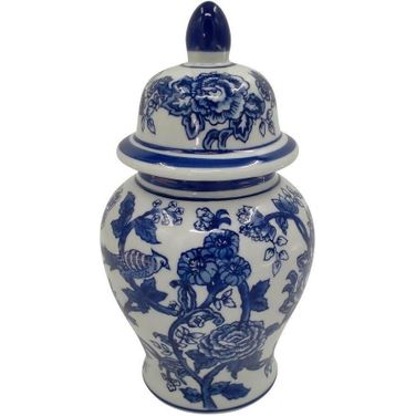 Ceramic 10 Inch Temple Bird And Flower Jar In Blue