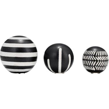 Ceramic 4/5/6 Inch Tribal Orbs Set of 3 In Black And Ivory