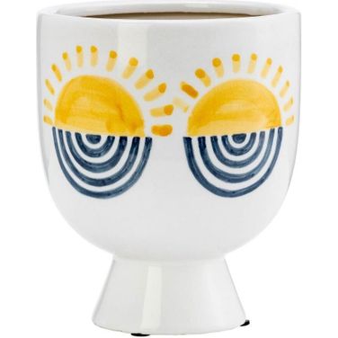 Ceramic 7 Inch Sunrise Eyes Flower Vase In White, Yellow And Blue