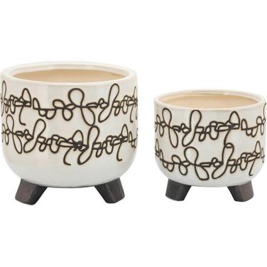 Ceramic Scribble Footed Planter Set of 2 In Beige