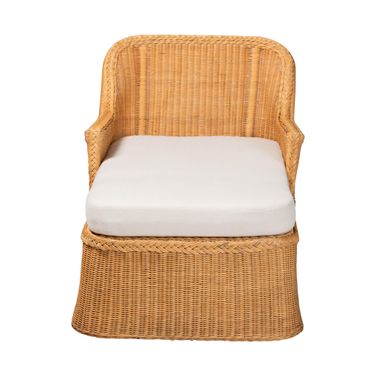 Cesar Natural Rattan Handwoven Wicker Chaise Lounge Chair with Cushion and Rounded Backrest In Light Honey and White