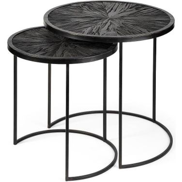 Chakra 19.7 Inch Round Dark Wood Top Black Frame Accent Tables Set of 2