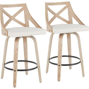 Charlotte Farmhouse Counter Stool In White Washed Wood And Cream Fabric - Set Of 2