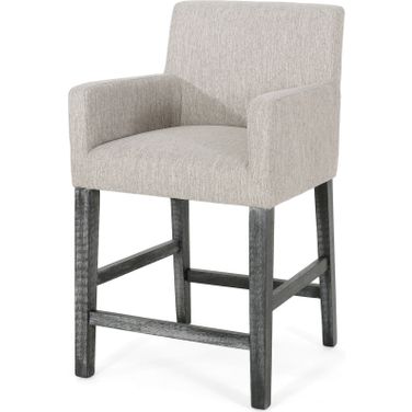 Charmed Upholstered Counter Stool with H-Frame Base and Round Arms In Light Grey