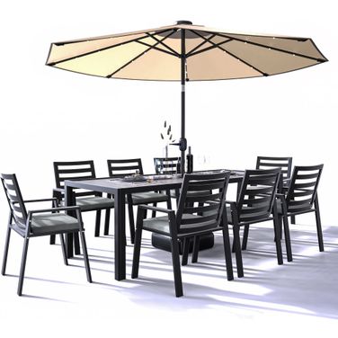 Chelsea 87 Inch Outdoor Dining Table with 8 Chairs and Cushions In Charcoal Black
