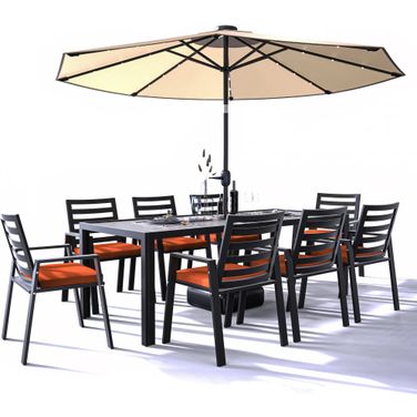 Chelsea 87 Inch Outdoor Dining Table with 8 Chairs and Cushions In Cherry Red