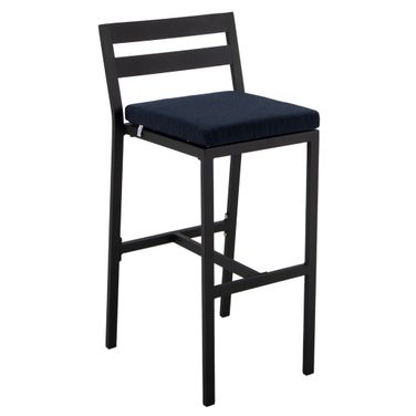 Chelsea Modern Aluminum Outdoor Bar Chair In Black with Blue Cushions