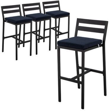Chelsea Modern Aluminum Outdoor Bar Chair Set of 4 In Black with Blue Cushions