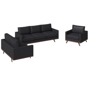 Chester 3-Piece Leather Living Room Sofa Set with Birch Wood Base In Black
