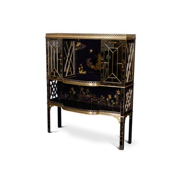 Chinoiserie Bar Cabinet In Chinoiserie Black and Brass